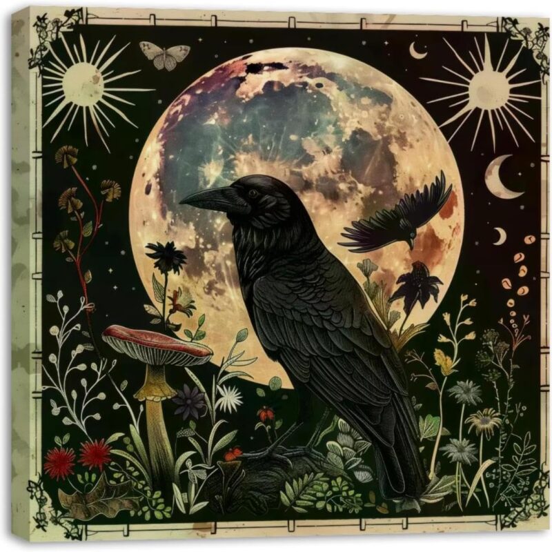 Framed Canvas Wall Art Sun Moon Crow Mushroom Oil Painting Artwork Picture Posters Wall Decor for Living Room Bedroom Bathroom Office Home Decoration 24x24 in