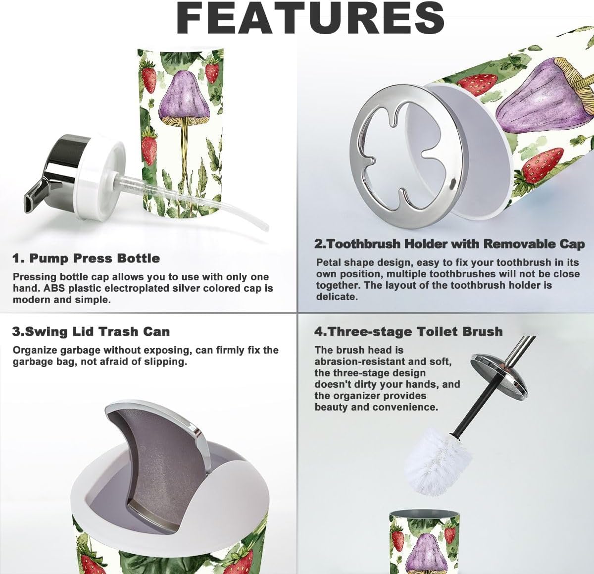 715ZvihzEOL._AC_SL1200_.jpg Bathroom Accessories Set 6 Pcs Watercolor Mushroom Strawberry Seamless Purple Mushroom Wild Toothbrush Holder Cup Soap Dispenser Soap Dish Toilet Brush Holder Trash can for Countertop Decor - Image 4