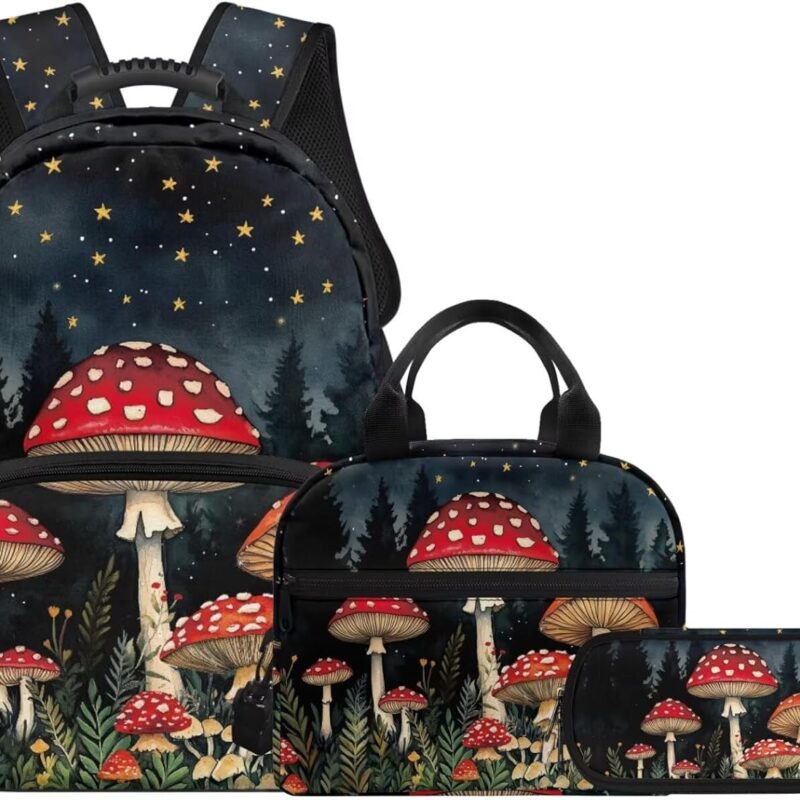 3PCS Backpacks for Boys Girls, Mushroom Lightweight 3 in 1 School Bag with Insulated Lunch Box Pencil Case for Middle High School Students