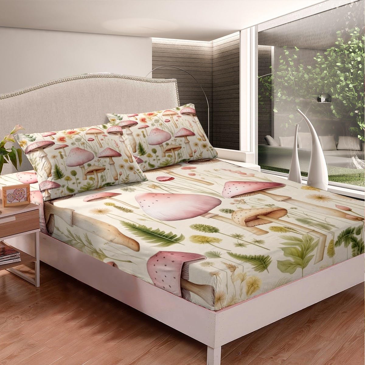 716InYVxZ1L._AC_SL1200_.jpg Erosebridal Wild Fungus Bed Set for Kids Boys Girls Pink Mushroom Queen Sheets,Green Leaves Bed Sheets Set Tropical Botanical Top Sheet Spring Theme Flat Sheet,Soft 4 Piece - Image 4