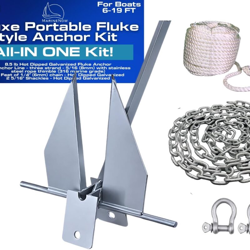 MarineNow Fluke Anchor Kit – Hot-Dip Galvanized Anchor with Chain, 98 ft Marine Rope & Shackles | Choose 5 lb (10–18 ft Boats), 8.5 lb (15–24 ft), or 13 lb (20–32 ft)