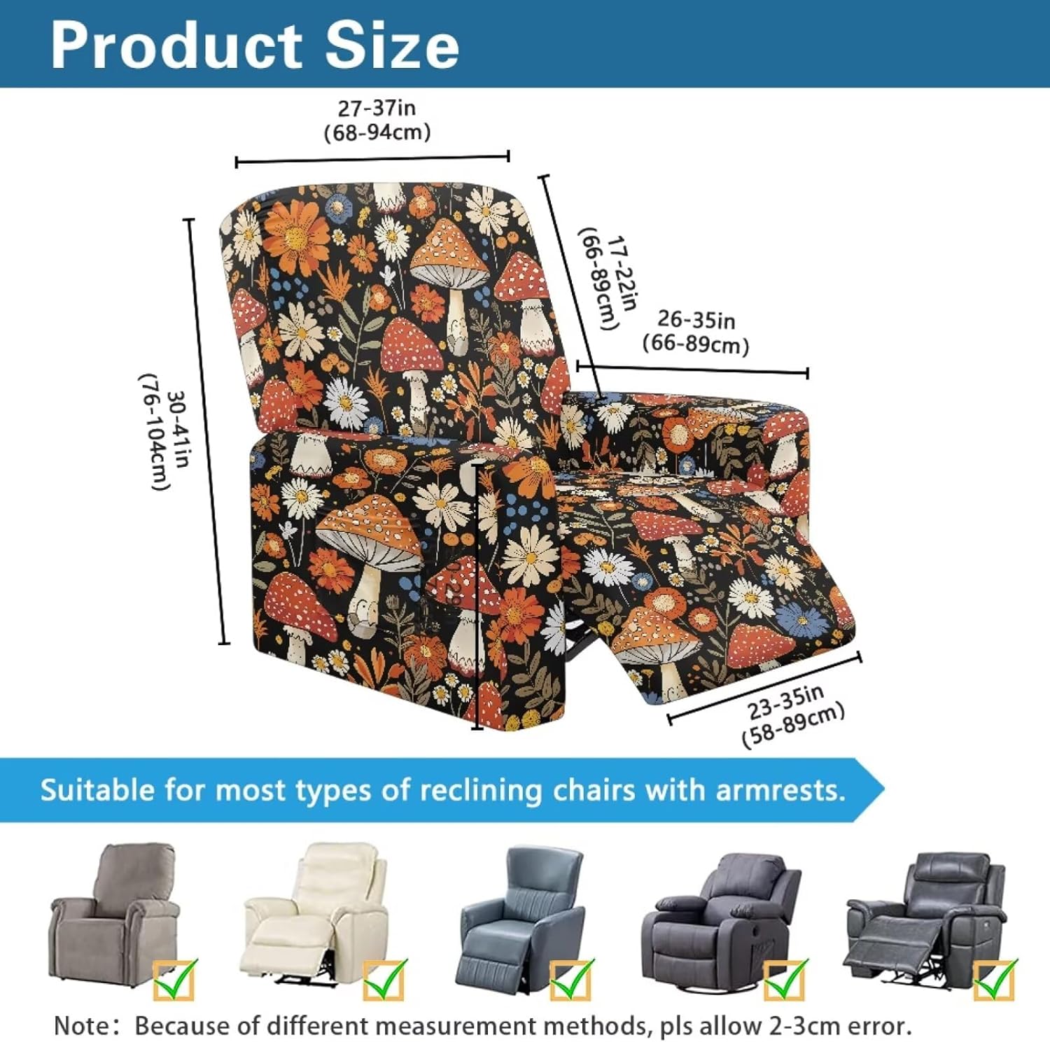 717I6-dSxqL._AC_SL1500_.jpg Mushroom Daisy Pattern Recliner Chair Covers with Arms, Washable Lazy Boy Recliner Covers Polyester Chair Covers for Living Room Home Decor Accessories - Image 3