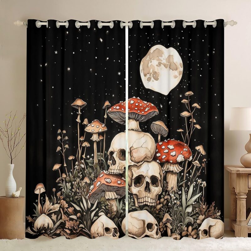 jejeloiu Mushroom Gothic Sugar Skull Curtains for Living Room Skeleton Bones Floral 30%-50% Blackout Shades Halloween Theme Room Darkening Curtain Window Treatments, 2 Panels 52 x 90 Inch Decor