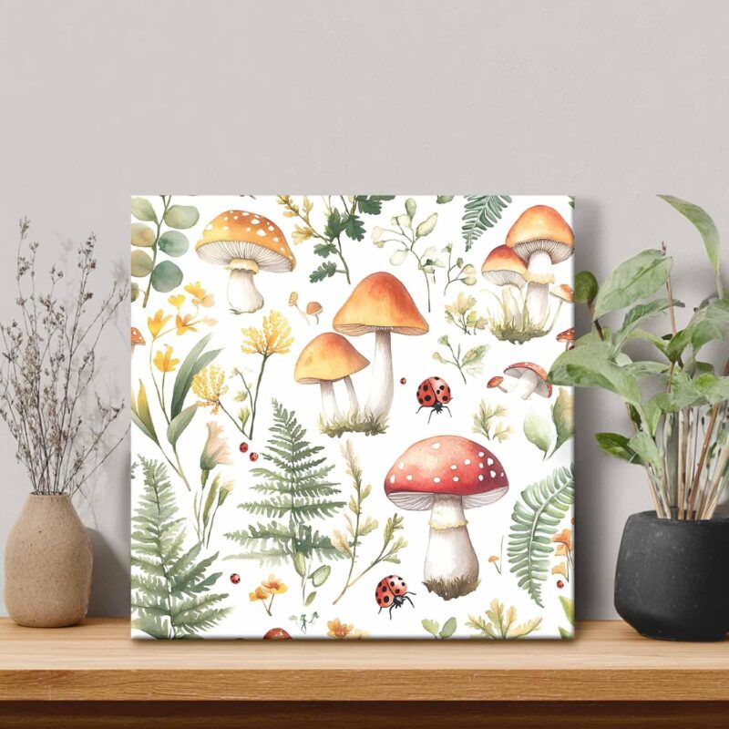 Flower Mushroom Leaf Canvas Print Wall Art Ladybug Wall Decor Pictures Framed Artwork Paintings for Living Room Bedroom Office, Ready to Hang 20"x20"