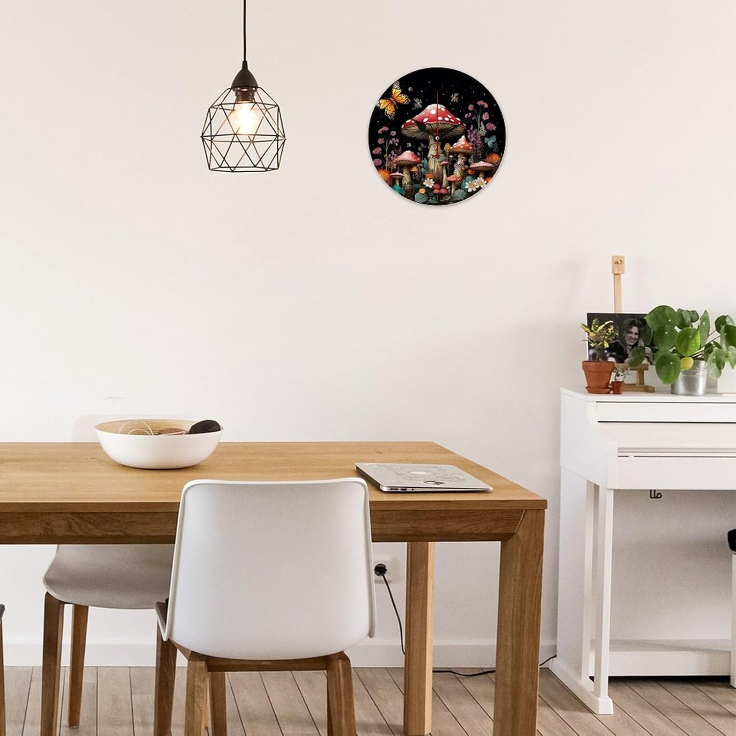 719-y-M1ZvL._AC_SL1500_.jpg Decorative Round Wooden Wall Clock Mushrooms and Butterflies on Black Background Modern Frameless No Scale Clock Non Ticking Clock Time Clocks for Home Bedroom Office Living Room 23.6 Inches - Image 5