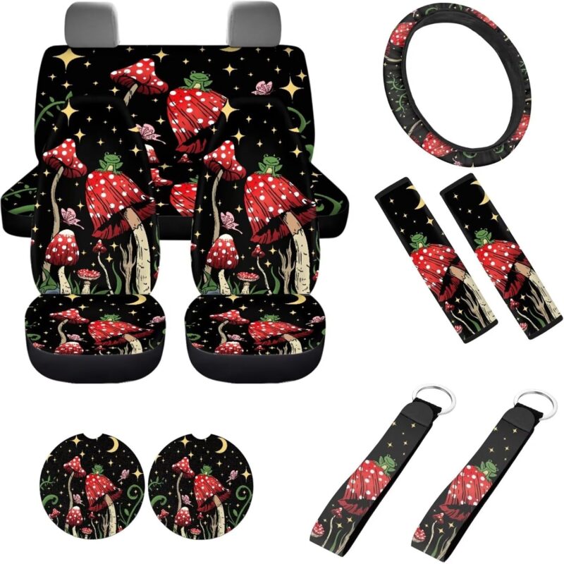 Cute Frog and Mushroom Car Seat Covers Full Set of 11，Mushrooms Auto Cup Holder Mat+15Inch Frog Mushroom Car Steering Wheel Cover+2pcs Key+2Pcs Seatbelt for Women Vehicle Decoration Accessory