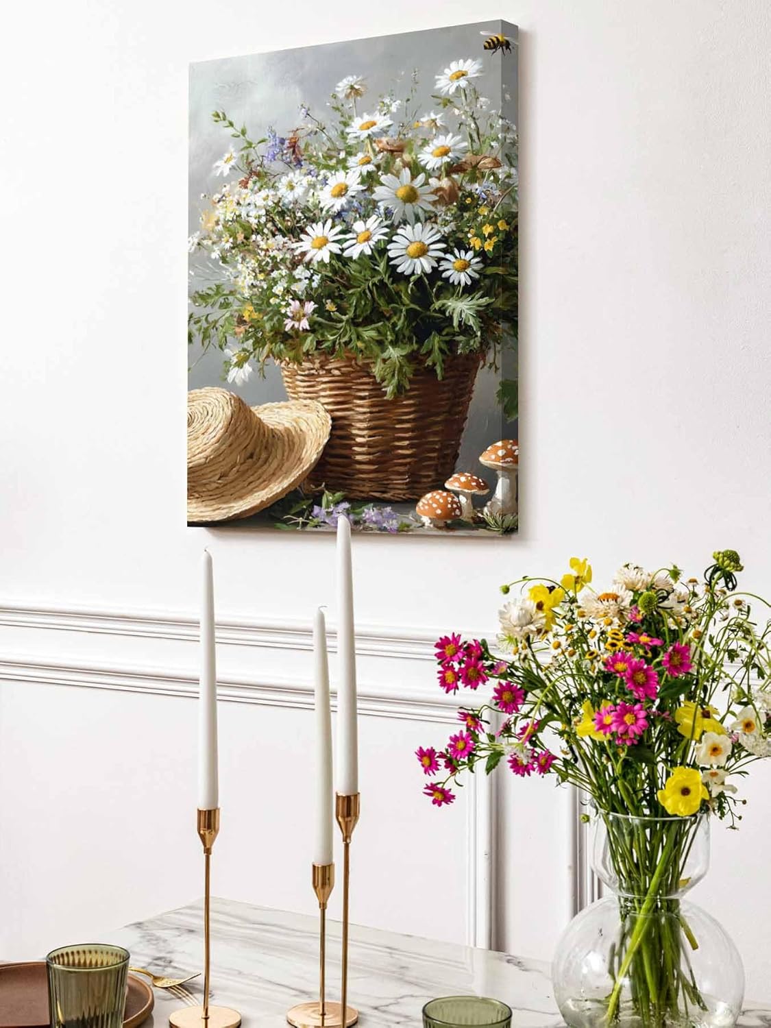 719tuLG6zyL._AC_SL1500_.jpg Country Farm Daisy Flowers Canvas Wall Art Prints,Picture Wall Decor Paintings Retro Mushroom Bee Floral On Gray Framed Artwork for Living Room Bedroom Bathroom Office 48"x36",Ready to Hang - Image 8