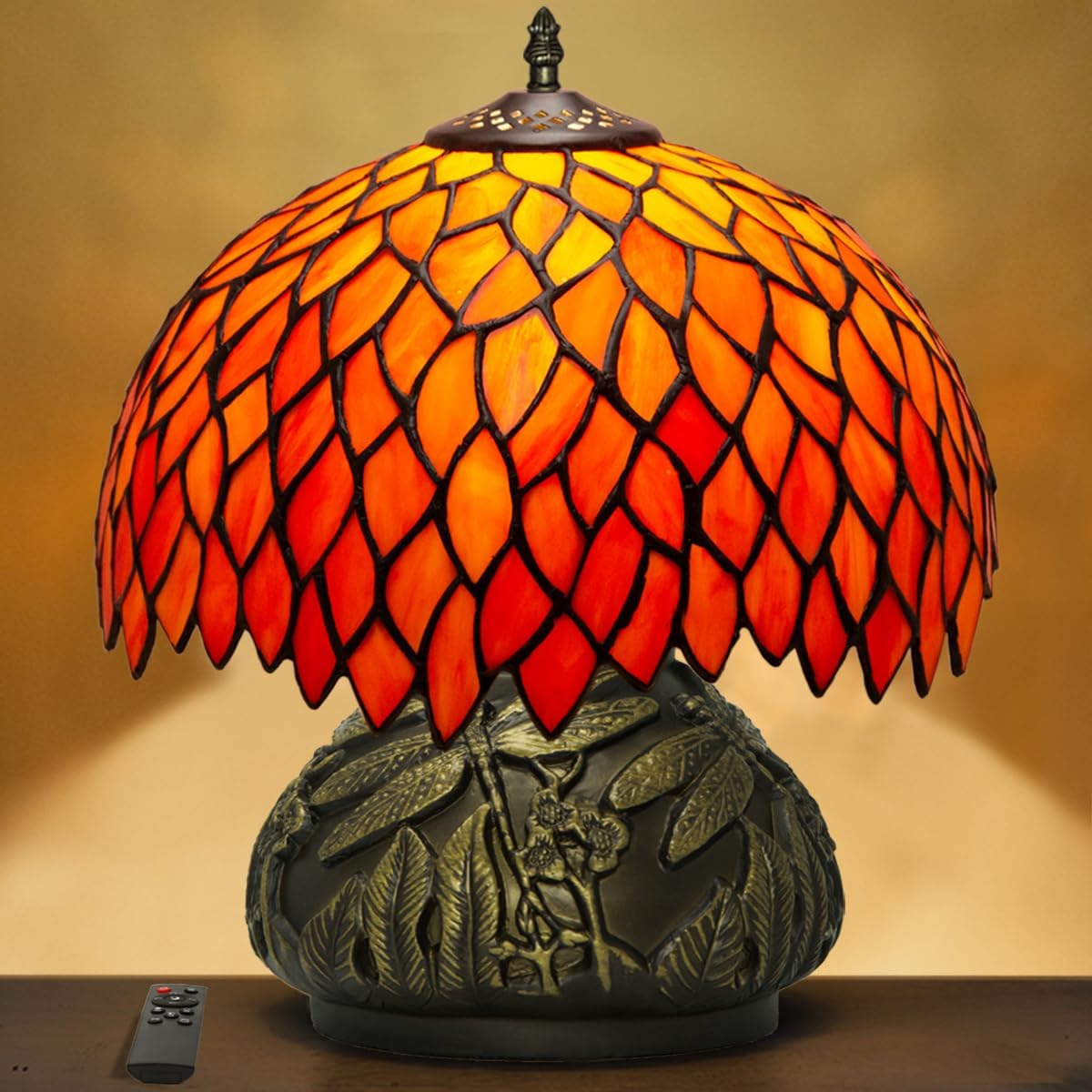 71AgW9uUemL._AC_SL1200_.jpg Tiffany Style Table Lamp,12x14 inches Stained Glass Lamp with Remote Control, Regulation Colors Temperature and Brightness,Orange Style Tiffany Mushroom Lamp for Bedside