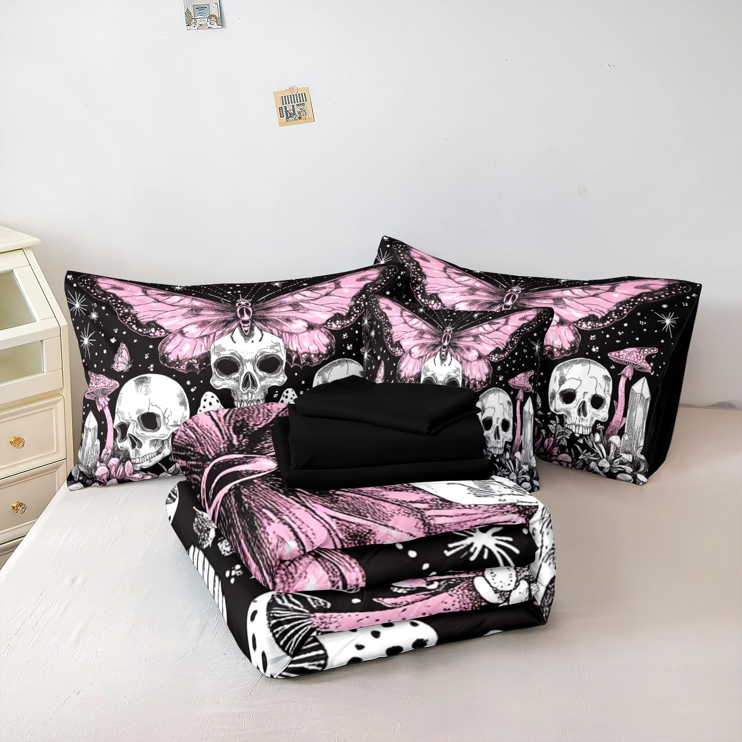 71AjJUMtRcL._AC_SL1500_.jpg MUGINYU Sugar Skull Comforter Set Queen Size Pink Mushroom 8 Pieces Bed in a Bag Gothic Starry Butterfly Bedding Set with 1 Comforter, 4 Pillowcases, 1 Flat Sheet, 1 Fitted Sheet, 1 Cushion Cover - Image 2