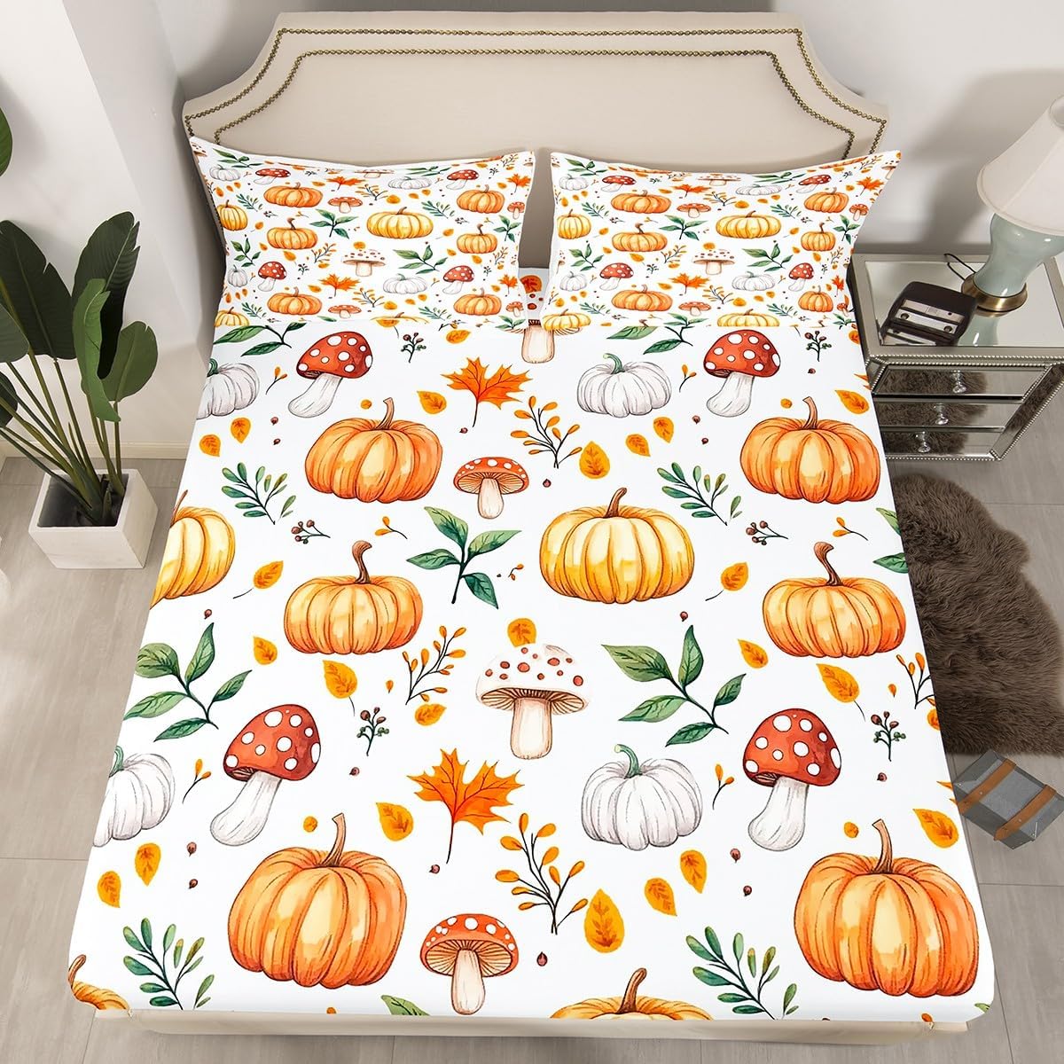 71AnsS-4-RL._AC_SL1200_.jpg Feelyou Fall Sheet Set Queen Size Kids Pumpkin Mushroom Sheets with Deep Pocket Fitted Sheet for Boys Teens Maple Leaf Bed Sheets Set Breathable Autumn Decorations White Bedding Set Room Decor - Image 4