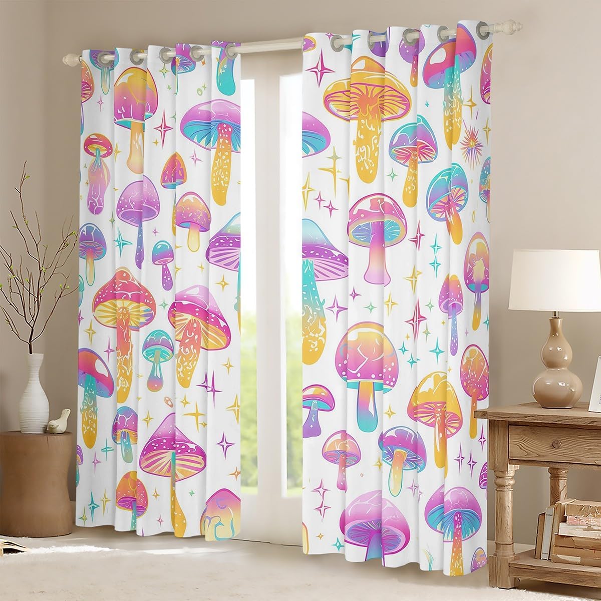71BC8Auh-vL._AC_SL1200_.jpg Cute Mushroom Curtains for Bedroom Living Room (2 Panels, 52 x 84 Inch) Cartoon Mushrooms Blackout Curtains Kawaii Fungus 30%-50% Room Darkening Blackout Curtain Wild Mushroom Window Treatments - Image 2