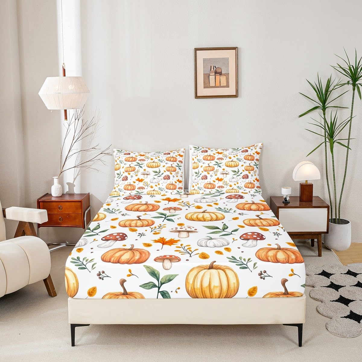 71CncEl6-oL._AC_SL1200_.jpg Feelyou Fall Sheet Set Queen Size Kids Pumpkin Mushroom Sheets with Deep Pocket Fitted Sheet for Boys Teens Maple Leaf Bed Sheets Set Breathable Autumn Decorations White Bedding Set Room Decor - Image 5