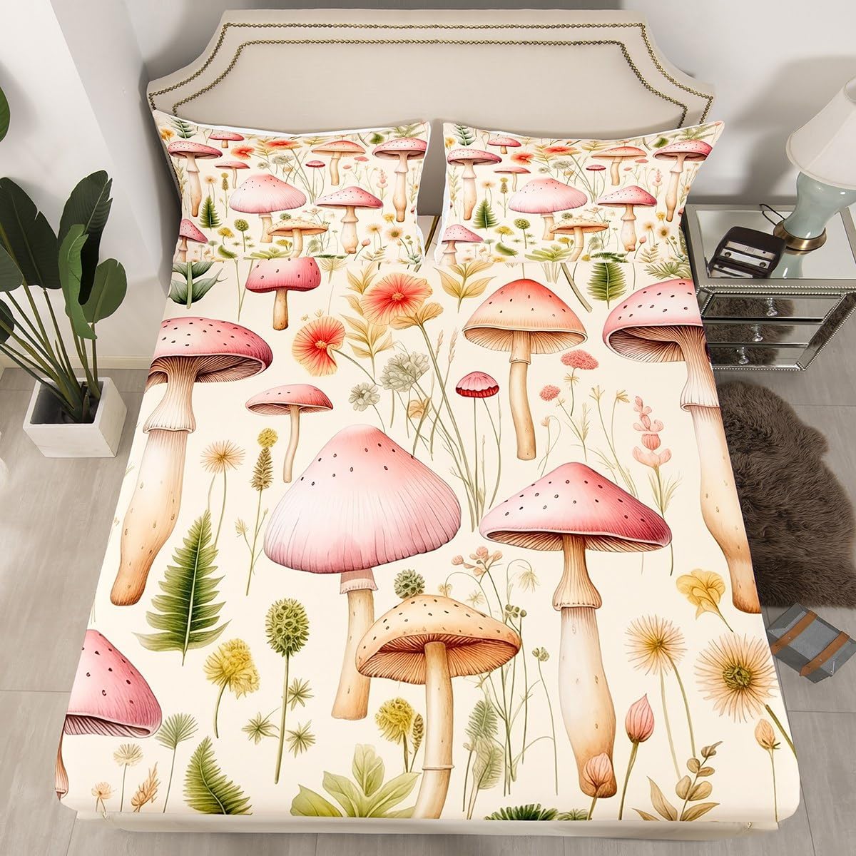71DRM0OqBXL._AC_SL1200_.jpg Erosebridal Wild Fungus Bed Set for Kids Boys Girls Pink Mushroom Queen Sheets,Green Leaves Bed Sheets Set Tropical Botanical Top Sheet Spring Theme Flat Sheet,Soft 4 Piece - Image 2