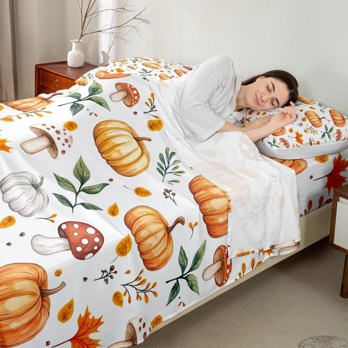 71DWHmXQriL._AC_SL1200_.jpg Feelyou Fall Sheet Set Queen Size Kids Pumpkin Mushroom Sheets with Deep Pocket Fitted Sheet for Boys Teens Maple Leaf Bed Sheets Set Breathable Autumn Decorations White Bedding Set Room Decor - Image 3