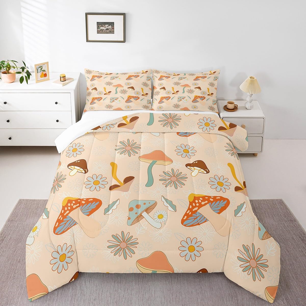 71Da8YfSO7L._AC_SL1200_.jpg Castle Fairy 60s 70s Retro Mushroom Twin Size Comforter Set,Groovy Flowers Floral Duvet Set with 1 Pillowcase for Kids BoysBoho Art Soft Microfiber Bedding Comforters
