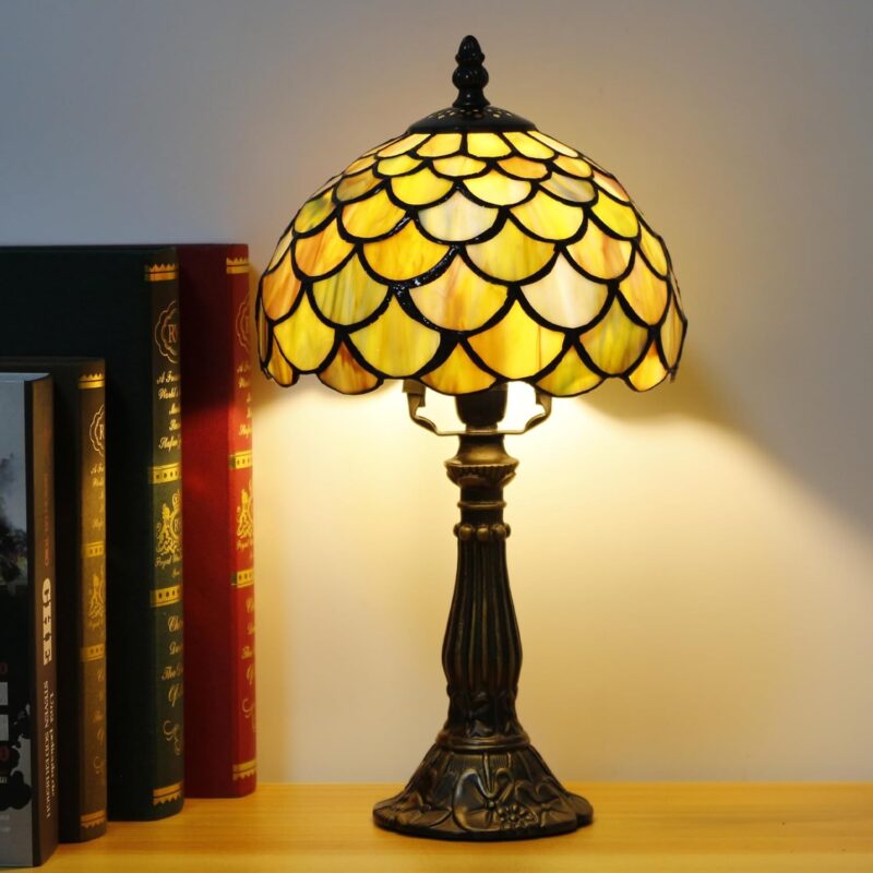 Small Tiffany Lamp Stained Glass Desk Lamp Vintage Tiffany Bedside Table Lamp for Home Living Room Bedroom Nightstand 8X15 Inch (Yellow Fish Scale)