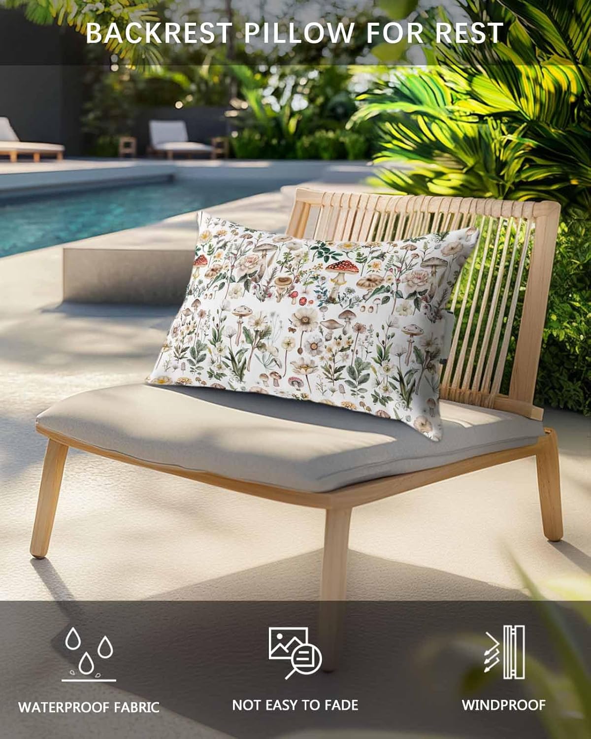71EsqY7T-XL._AC_SL1500_.jpg Outdoor Pillow for Chaise Lounge Chair Retro Watercolor Mushroom Plants Pattern Outdoor Pillows Waterproof with Adjustable Strap Headrest Lumbar Pillows for Garden Patio Furniture 2 Pack 11" x 16" - Image 3
