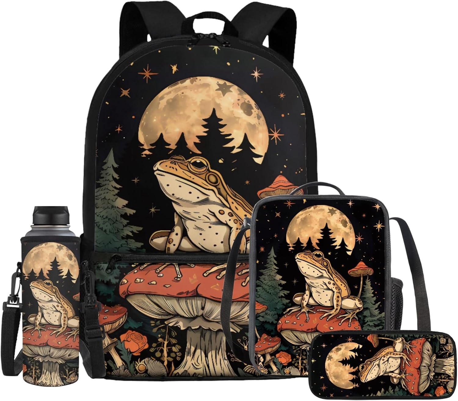 71GzwTUDx8L._AC_SL1500_.jpg Mushroom Frog Backpacks with Lunch Bags for Kids Girls Bookbags Daypack Lunchbox,Pencil Case,Water Bottle Holder Middle Elementary School Book Bags 10-12 Rucksack Satchel Schoolbag-4 PCS
