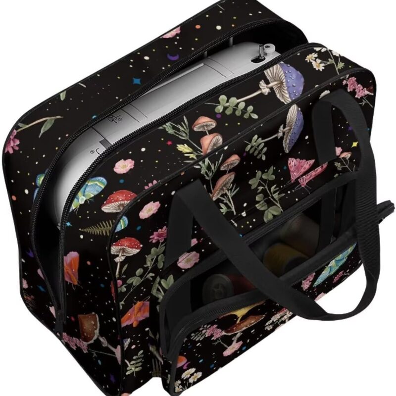 COEQINE Whimsical Floral Mushroom Sewing Machine Bag with Pockets and Handles Fantasy Forest Themed Storage for Creative Projects