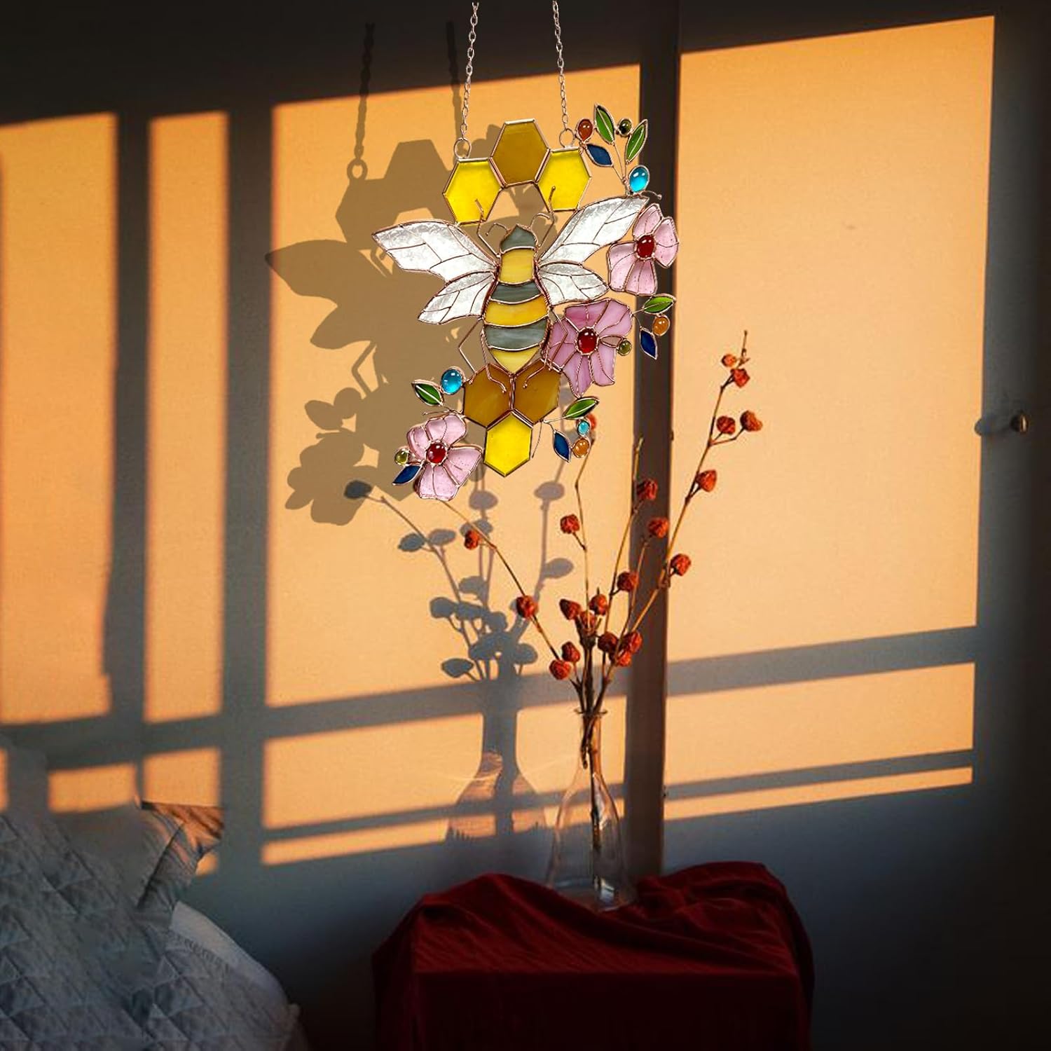 71HqsIFa-SL._AC_SL1500_.jpg Bee Ornament Suncatcher Stained Glass Window Hangings Suncatcher for Window Gifts for Beelovers Mothers - Image 6