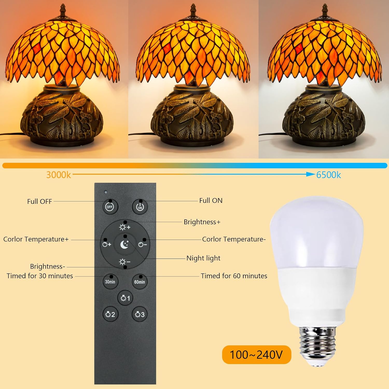 71I4ACP7tbL._AC_SL1500_.jpg Tiffany Table Lamp Orange Wisteria Style Stained Glass Lamp for Bedside,Bedroom,Living Room,12 Inch Small Vintage Mushroom Desk Lights Included E26 LED with Remote Control(Autumn Leaves) - Image 4