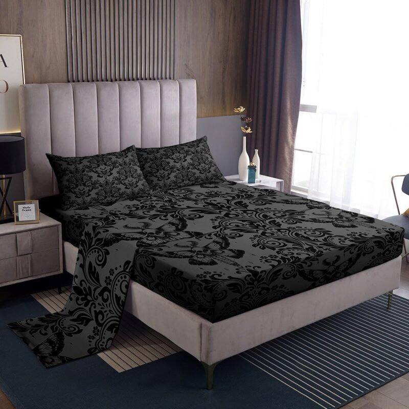 Feelyou Adults Dark Olive Green Vintage Damask Floral Sheet Set Oriental Antique Sheets with Deep Pocket Fitted Sheet King Size Gothic Bohemia Boho Flower Bed Sheets Set Gothic Skull Bed Set 4Pcs