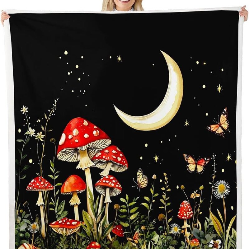 Erosebridal Mushroom Throw Blanket Queen 90"X90",Boho Mushroom Butterfly Fleece Blanket for Adults Women Teens,Natural Botanical Plant Sherpa Blankets,Glitter Wild Fungus Jungle Flannel Blanket,