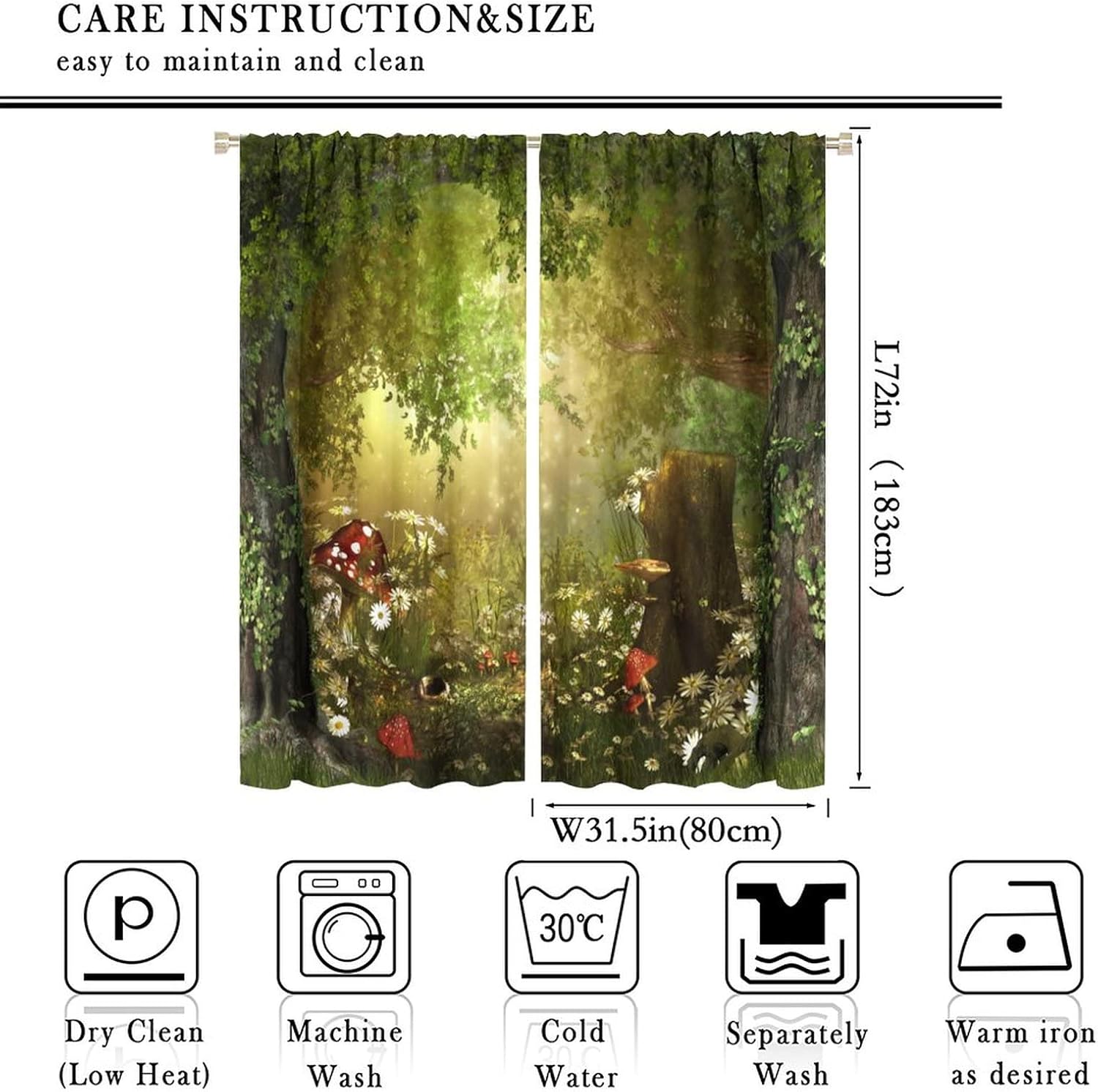 71KiO7cE-gL._AC_SL1500_.jpg Dream Forest Curtains Beautiful and Charming Fairy Tale Lush Forest Land Mushroom Stumps Flowers Suitable for Kitchen Blackout Window Drapes Decoration 2 Panels Green 63x72in - Image 2