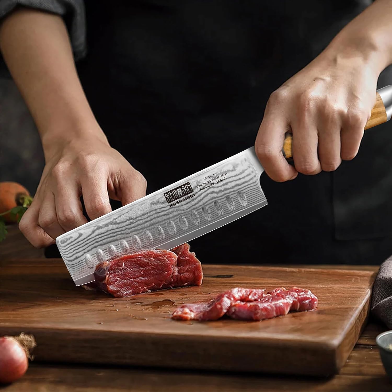 71Kv83sMVTL._AC_SL1500_.jpg Damascus Nakiri Knife 6.5 Inch, Super Sharp Damascus VG-10 Japanese Kitchen Knife, Cleaver and Vegetable Knife with Ergonomic Olive Wood Handle - Image 5