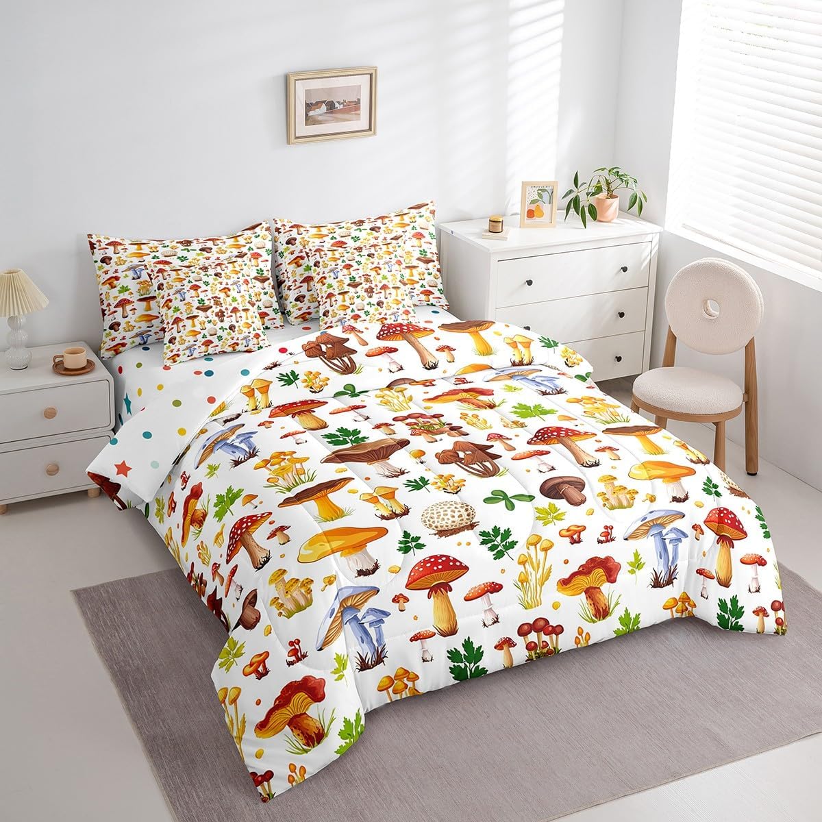 71MFgAsVTmL._AC_SL1200_.jpg Feelyou Kids Cute Mushroom Decor Comforter Set with Sheets 7 Piece Cartoon Mushrooms Bedding Set Full Size for Boys Girls Teens Kawaii Fungus Bed in a Bag Wild Mushroom Stuff Bed Set - Image 2