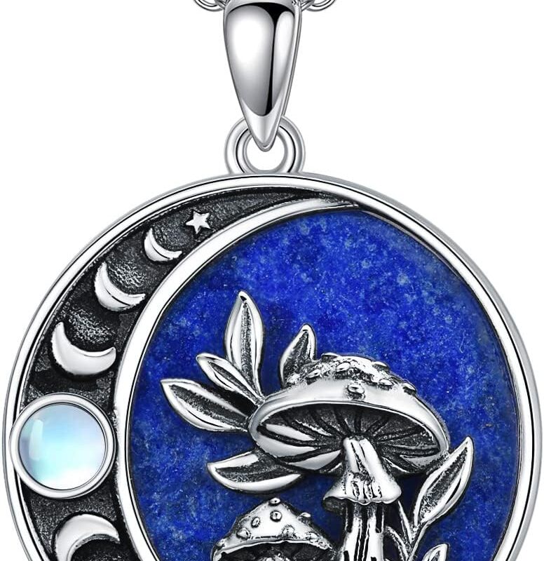 PELOVNY Mushroom Lapis Lazuli Necklace 925 Sterling Silver Moon Phase Necklace with Moonstone Mushroom Pendant Jewelry Gifts for Women Mushroom Lovers