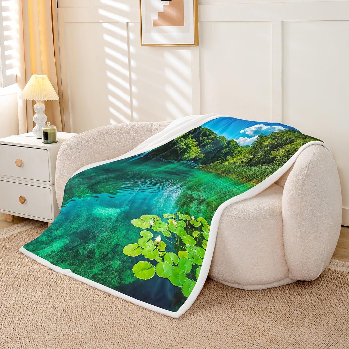 71MsQ6MFNgL._AC_SL1200_.jpg Erosebridal Mountain Lake Throw Blanket Queen Natural Landscape Blanket 3D Scenery Fleece Blanket for Women Girls Rustic Farmhouse Fuzzy Blanket Modern Country Style Couch Sofa Decor - Image 3