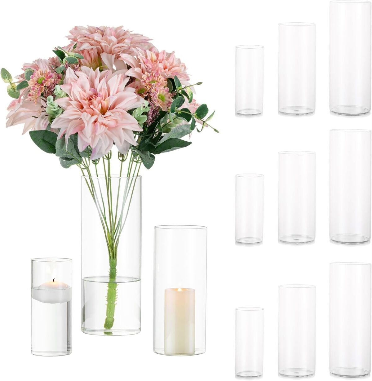 Glasseam Cylinder Vases Set of 12, Hurricane Candle Holder Clear ...