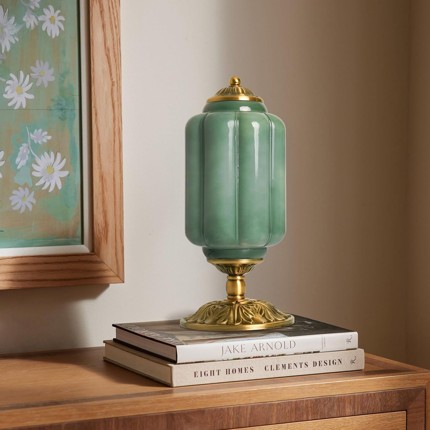 71NF19wTOUL._AC_SL1500_.jpg Milk Glass Table Lamp - Modern Farmhouse Design with Antique Brass Finish Base, Green Desk Light for Living Room & Bedroom Decor (Green 15")