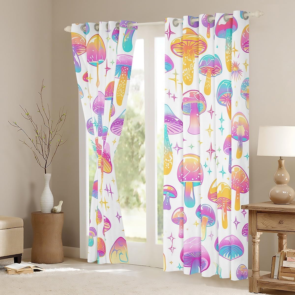 71O8aGBnLuL._AC_SL1200_.jpg Cute Mushroom Curtains for Bedroom Living Room (2 Panels, 52 x 84 Inch) Cartoon Mushrooms Blackout Curtains Kawaii Fungus 30%-50% Room Darkening Blackout Curtain Wild Mushroom Window Treatments - Image 3