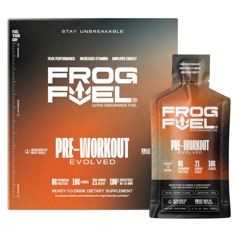 Frog Fuel Ultra Pre Workout Shot & Energy Gel with 1500mg Beta Alanine, Electrolytes 8g Protein Nano-Hydrolyzed Grass Fed Collagen, 10g Carbs, Gluten Free, Fat Free, Berry, 1.2 oz Packets, 24 Pack