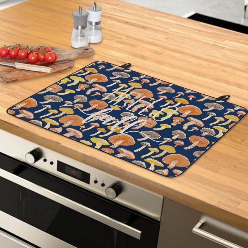 Stove Top Cover, Hello Fall Thanksgiving Orange Yellow Mushroom Navy Blue Anti-Slip Heat Resistant Electric Stove Top Cover, Ceramic Glass Cooktop Protector Stove Covers for Flat Top Oven