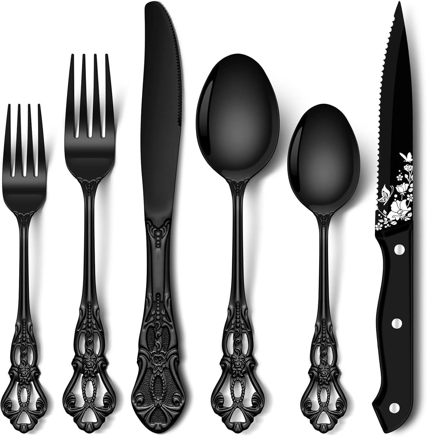 71PS8CCjDsL._AC_SL1500_.jpg Stapava 48 Pcs Black Silverware Set with Steak Knives, Gorgeous Retro Royal Silverware Set for 8, Stainless Steel Mirror Flatware Cutlery Set, Include Forks Spoons and Knives set, Dishwasher Safe