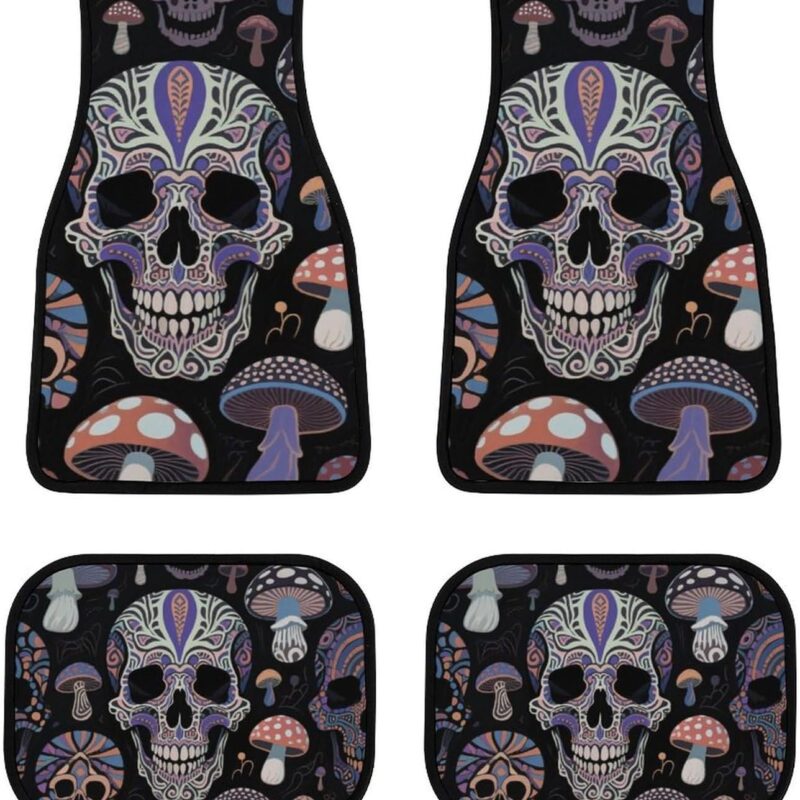 4 Piece Set Cool Skulls Mushroom Art Car Floor Mats Universal Fit Most Cars Trucks, Heavy Duty Protection Carpet Floor Mat Automotive Carpet Interior Decorative