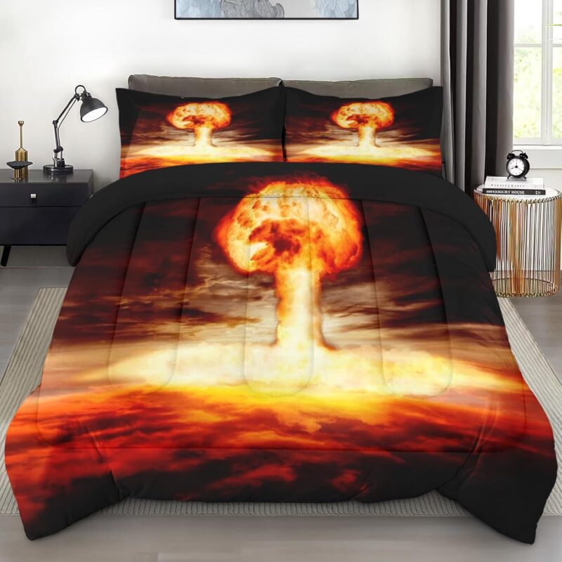 Full Size Comforter Set, Atomic Mushroom City Fire, Bedding Decor Red Ocean Yellow Cloud for Kids and Adults Bedroom Decoration Bed Set with 2 Pillowcases