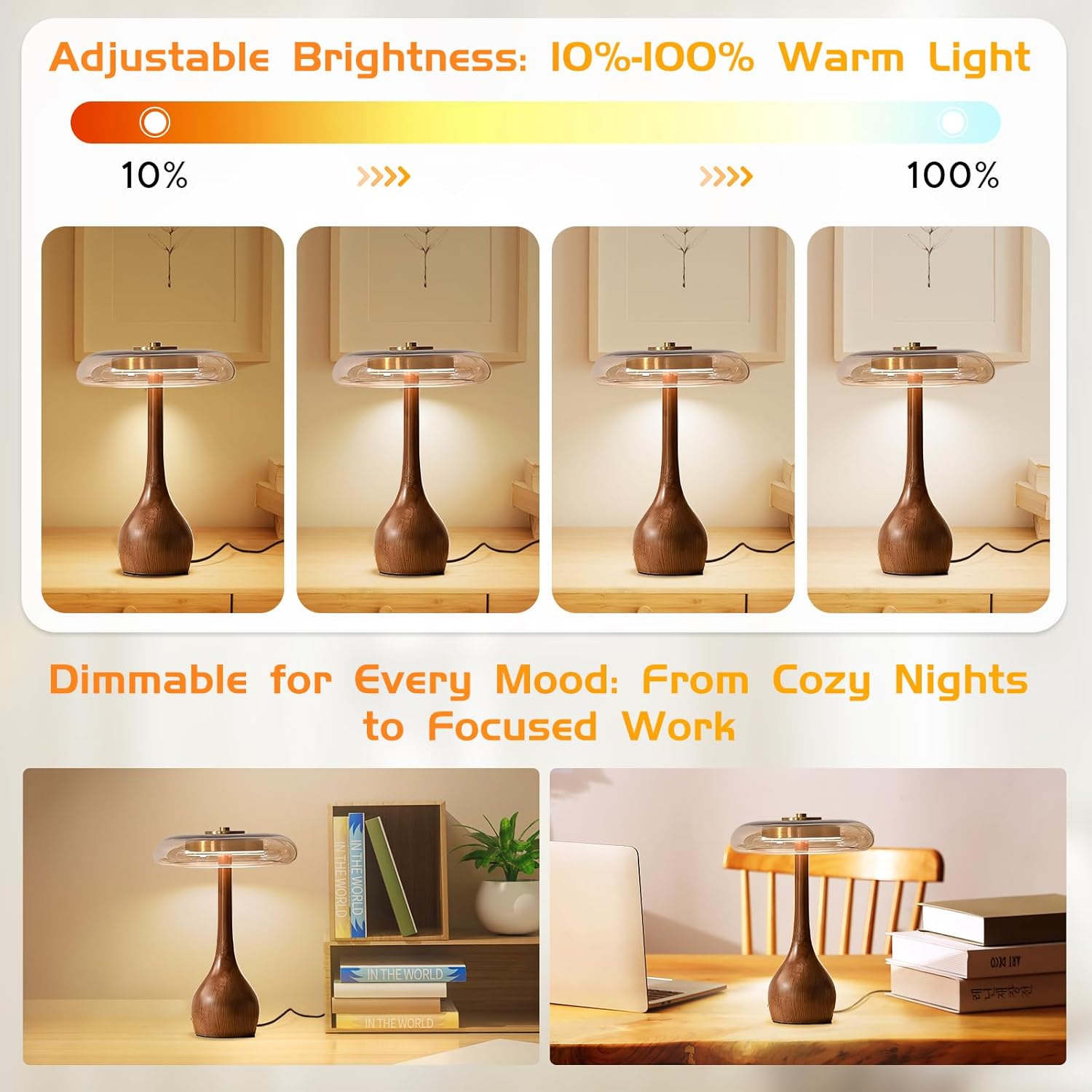 71RMLbA6vL._AC_SL1500_.jpg Small Table Lamp for Bedroom-Wooden Base Teardrop Mushroom Table Lamps,Amber Glass Shade,LED Three Color Temperature Adjustable Brightness Modern LED Side Table and Desk Lighting(H 12.4 in) - Image 3