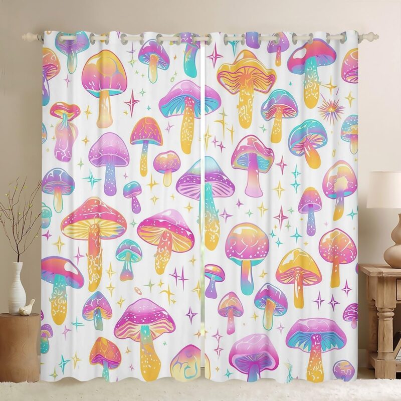 Cute Mushroom Curtains for Bedroom Living Room (2 Panels, 52 x 84 Inch) Cartoon Mushrooms Blackout Curtains Kawaii Fungus 30%-50% Room Darkening Blackout Curtain Wild Mushroom Window Treatments