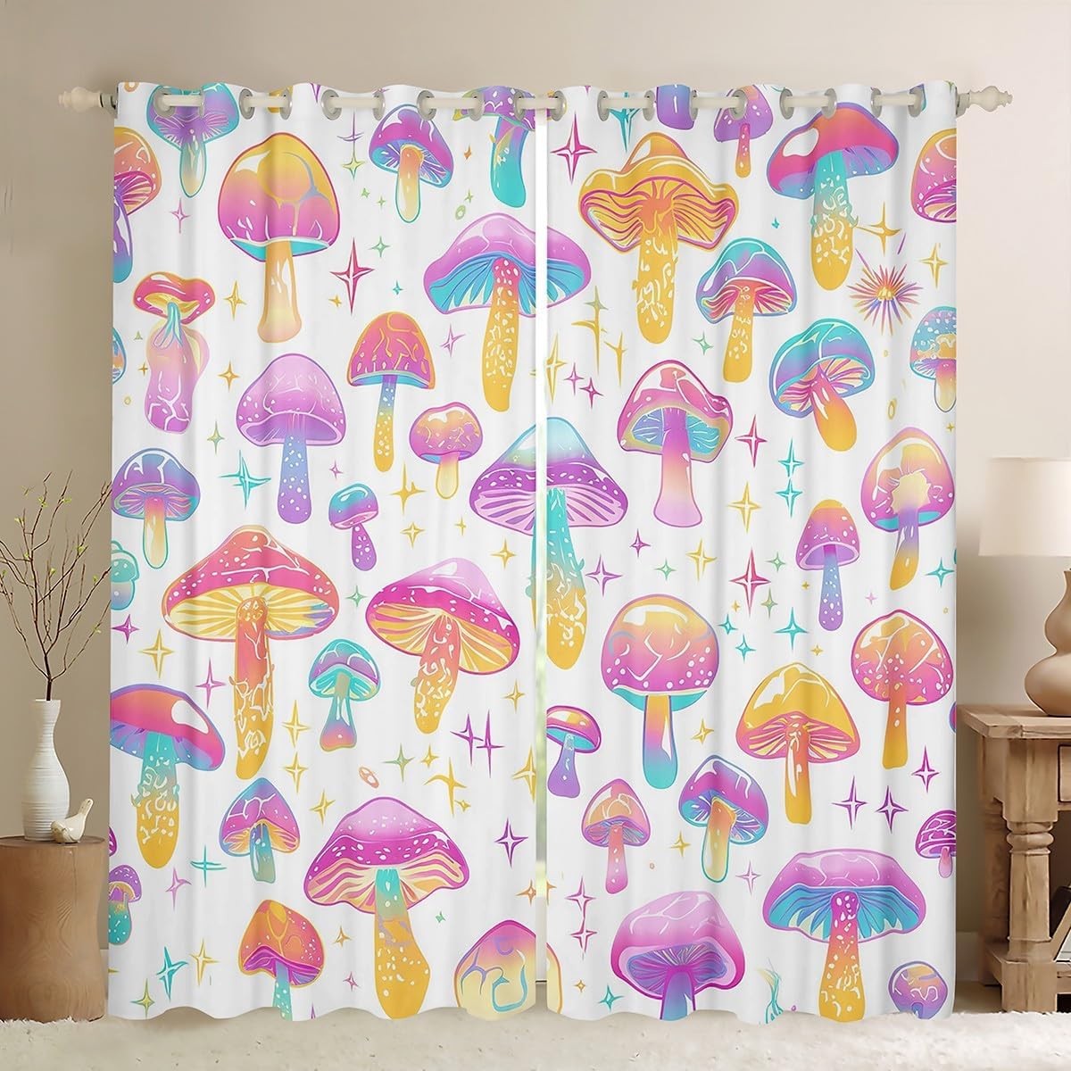 71RtCJYVxML._AC_SL1200_.jpg Cute Mushroom Curtains for Bedroom Living Room (2 Panels, 52 x 84 Inch) Cartoon Mushrooms Blackout Curtains Kawaii Fungus 30%-50% Room Darkening Blackout Curtain Wild Mushroom Window Treatments