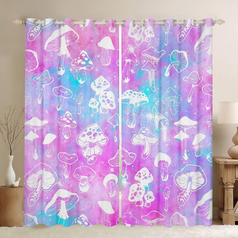 White Mushroom Curtains,Natural Wild Mushroom Window Curtains for Boys Girls Teens,Kawaii Fungus Window Treatment Curtains Home Decor,Cute Cartoon Plants Window Drapes for Living Room Bedroom,52Wx84L