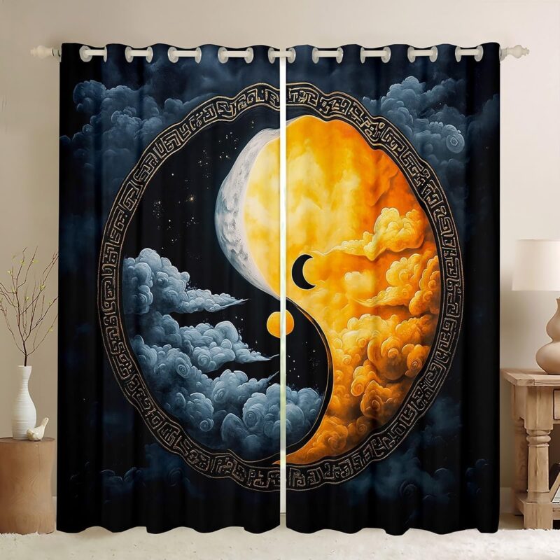 Erosebridal Yin Yang Blackout Curtains 52" Wx84 L for Kids Adults,Sun Moon Curtains & Drapes,Tai Chi Bagua Pattern Window Curtains Chinese Traditional Yin Yang Window Treatments 2 Panels