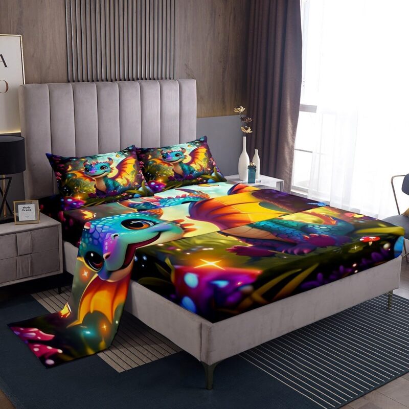 Cartoon Dragon Sheet Queen Size Polka Dot Mushroom Bedding Set Cute Western Dragon Kids Teens Audlts Fantasy Jungle Butterfly Fashion Bed Sheet Set 4pcs(Fitted + Flat + 2 Pillowcases)