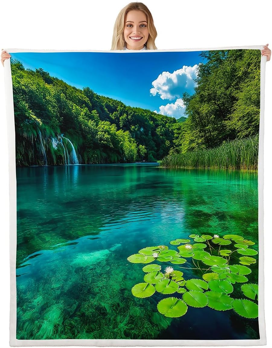 71Sq10CycnL._AC_SL1200_.jpg Erosebridal Mountain Lake Throw Blanket Queen Natural Landscape Blanket 3D Scenery Fleece Blanket for Women Girls Rustic Farmhouse Fuzzy Blanket Modern Country Style Couch Sofa Decor