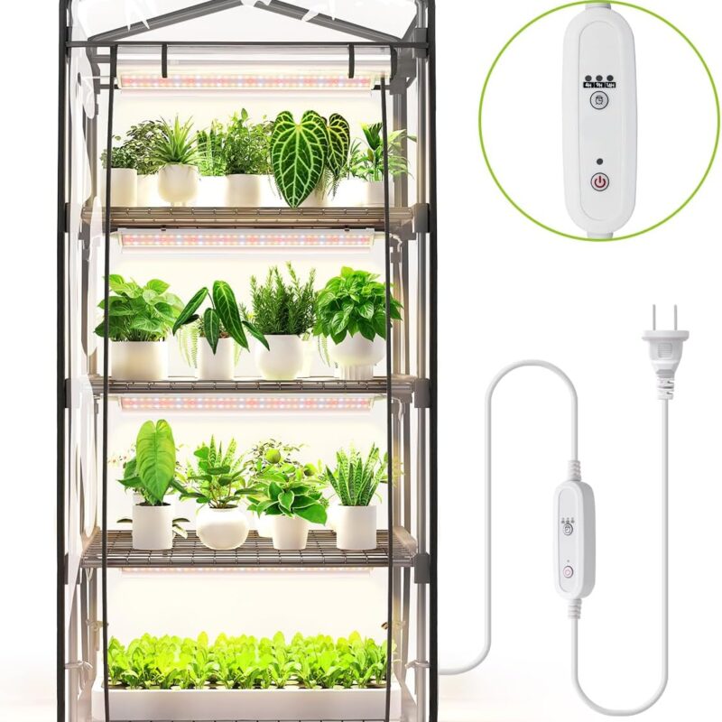 Mini Indoor Greenhouse with Grow Light - 4 Tier Outdoor Portable Greenhouse with Shelves, Waterproof PVC Cover and 4 Dimmable 1.6FT 20W Grow Lights, 26.4"(L) X 19"(W) X 61"(H)