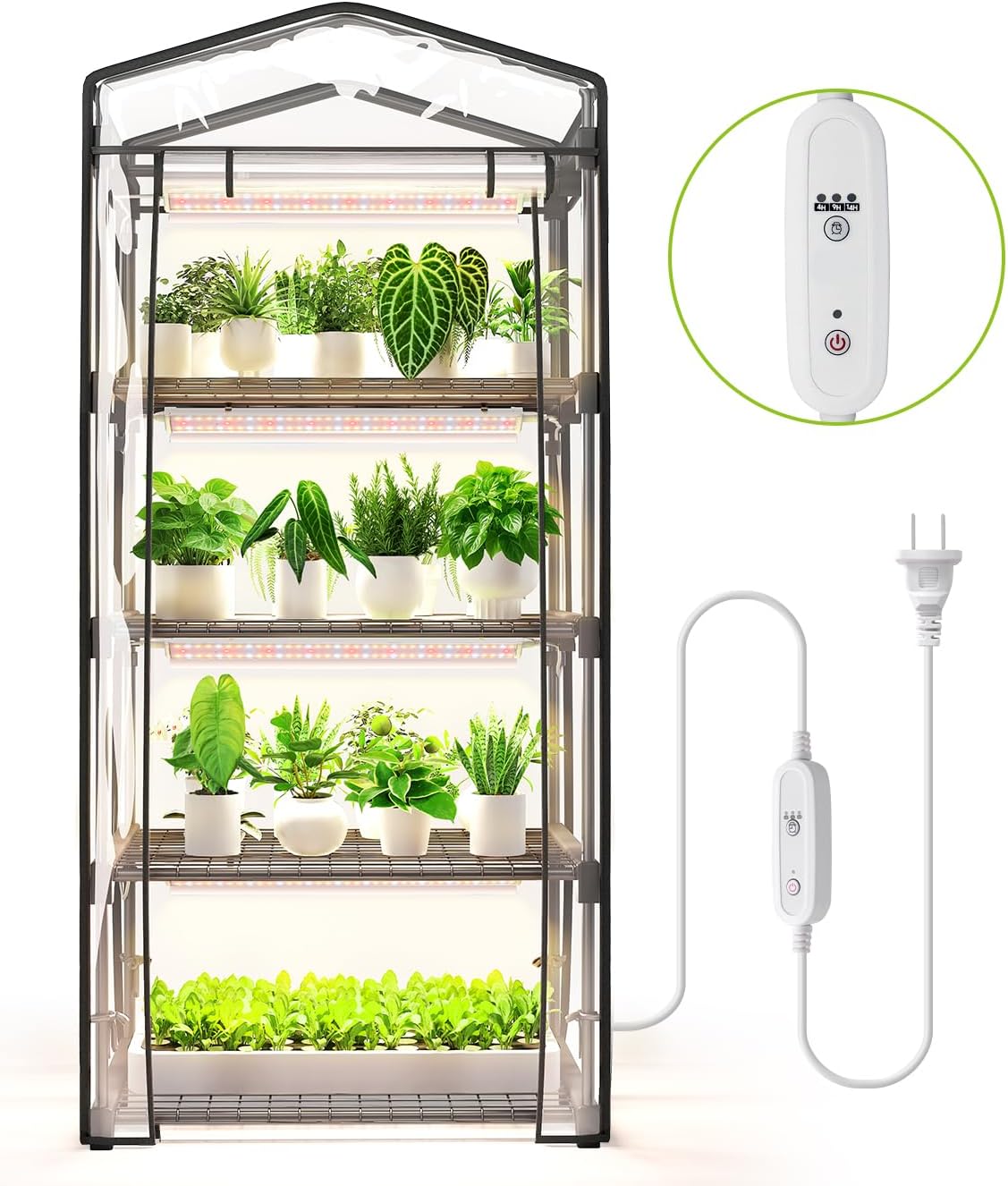 71T-DGbzV-L._AC_SL1350_.jpg Mini Indoor Greenhouse with Grow Light - 4 Tier Outdoor Portable Greenhouse with Shelves, Waterproof PVC Cover and 4 Dimmable 1.6FT 20W Grow Lights, 26.4"(L) X 19"(W) X 61"(H)