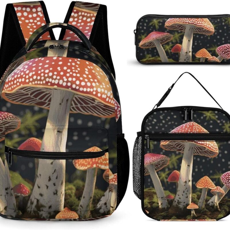3 Pcs Backpack Set Mushroom Travel Bag Portable Casual Daypack Sports Backpacks with Lunch Box Pencil Case